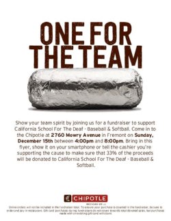 Show flyer from your smart phone or tell cashier your supporting cause to make sure 33% goes to CSD baseball and softball.